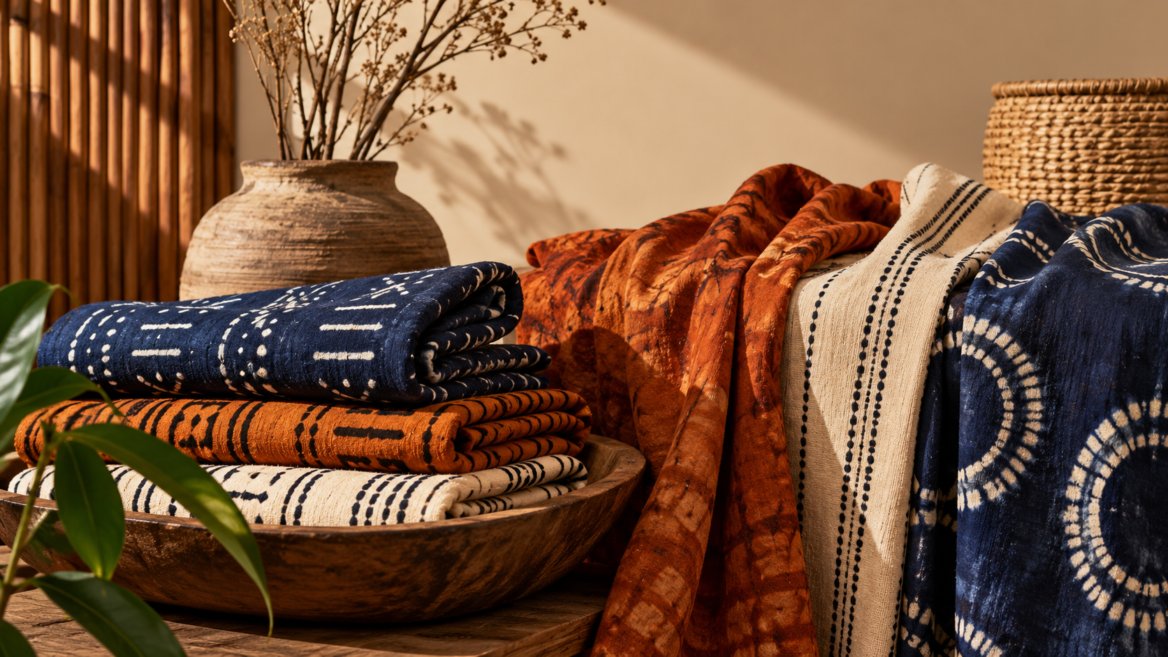 Folded and draped African fabrics arranged in warm light